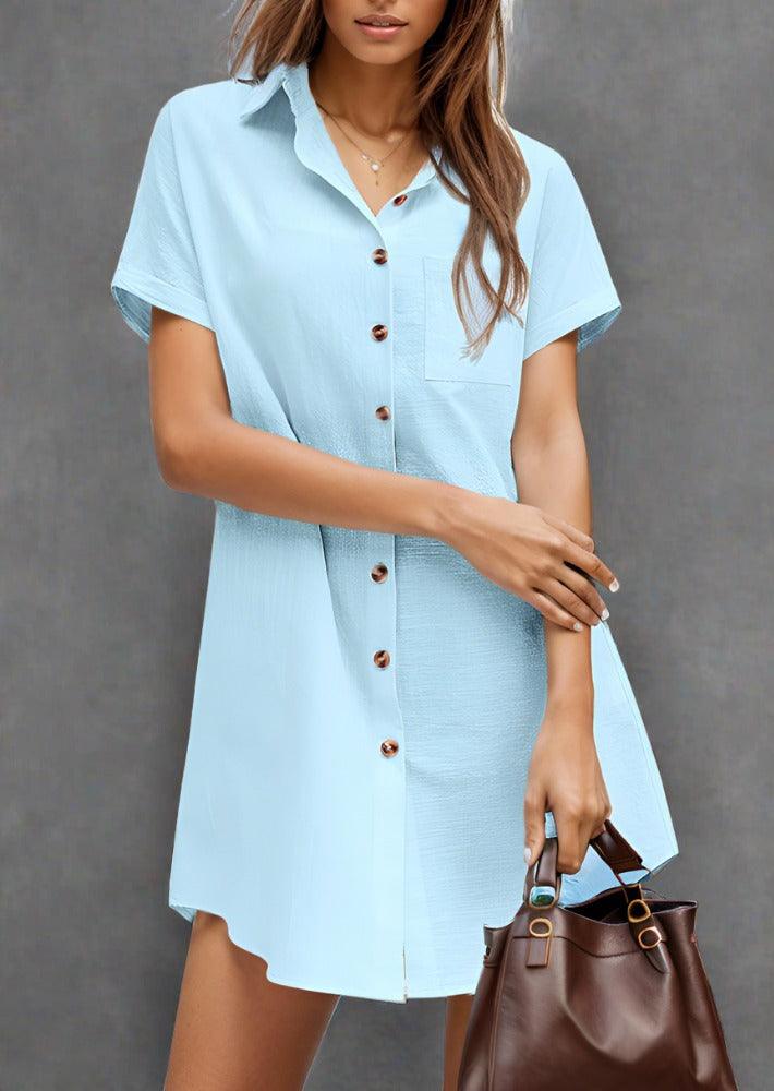 Pocketed Button Up Short Sleeve Dress - Trendociti