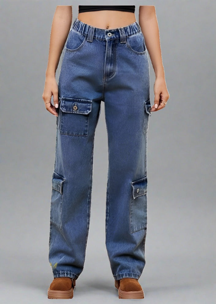 Button Cargo Long Jeans - Trendociti
