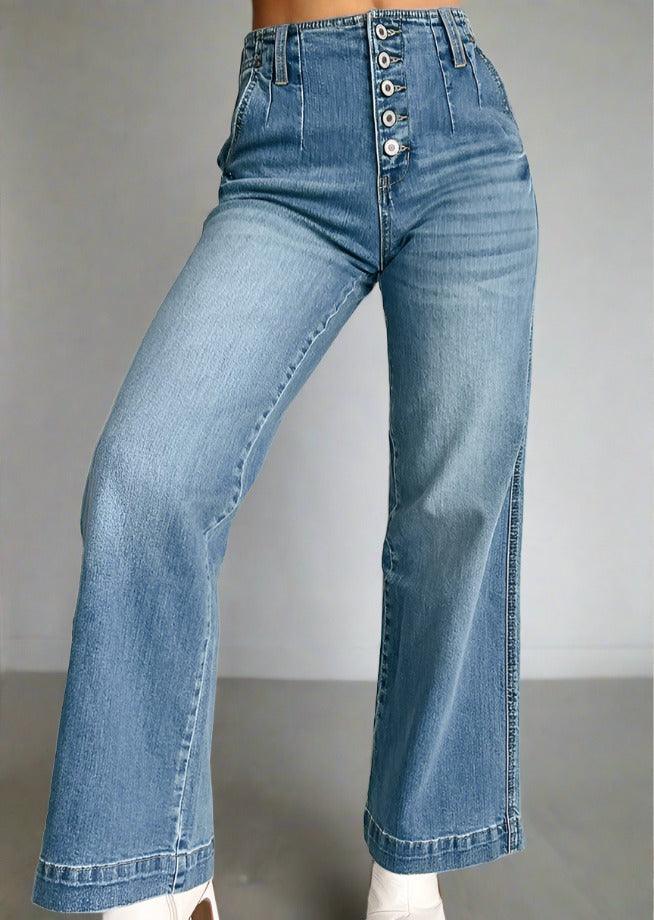 Button Up Straight Jeans with Pockets - Trendociti