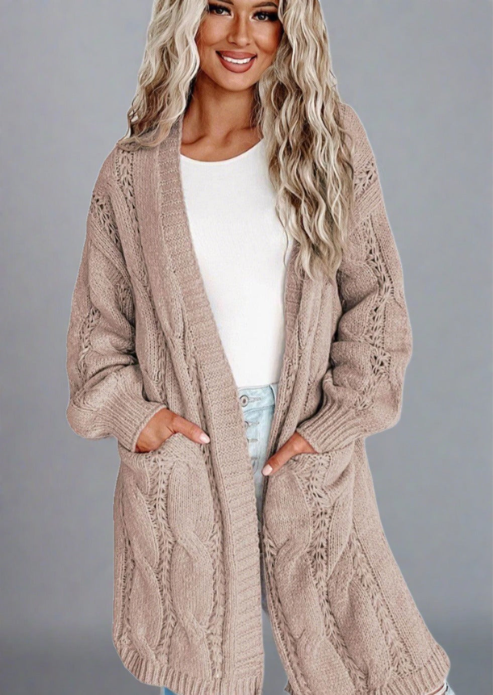 Cable-Knit Dropped Shoulder Cardigan - Trendociti
