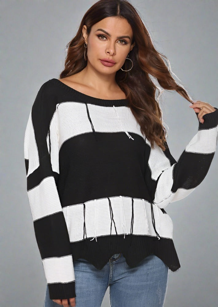 Color Block Backless Long Sleeve Sweater - Trendociti