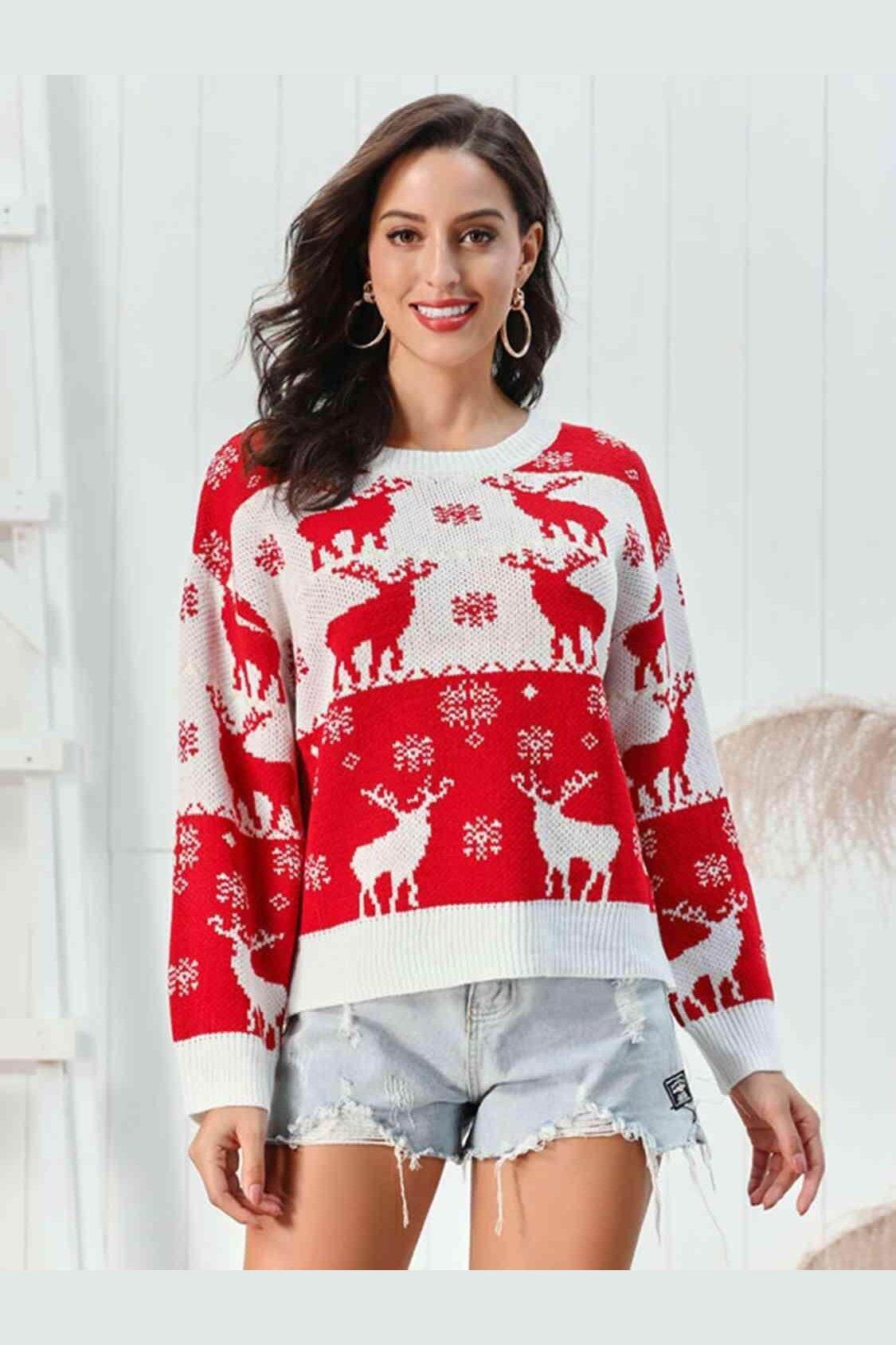 Cozy Reindeer Round Neck Sweater - Trendociti
