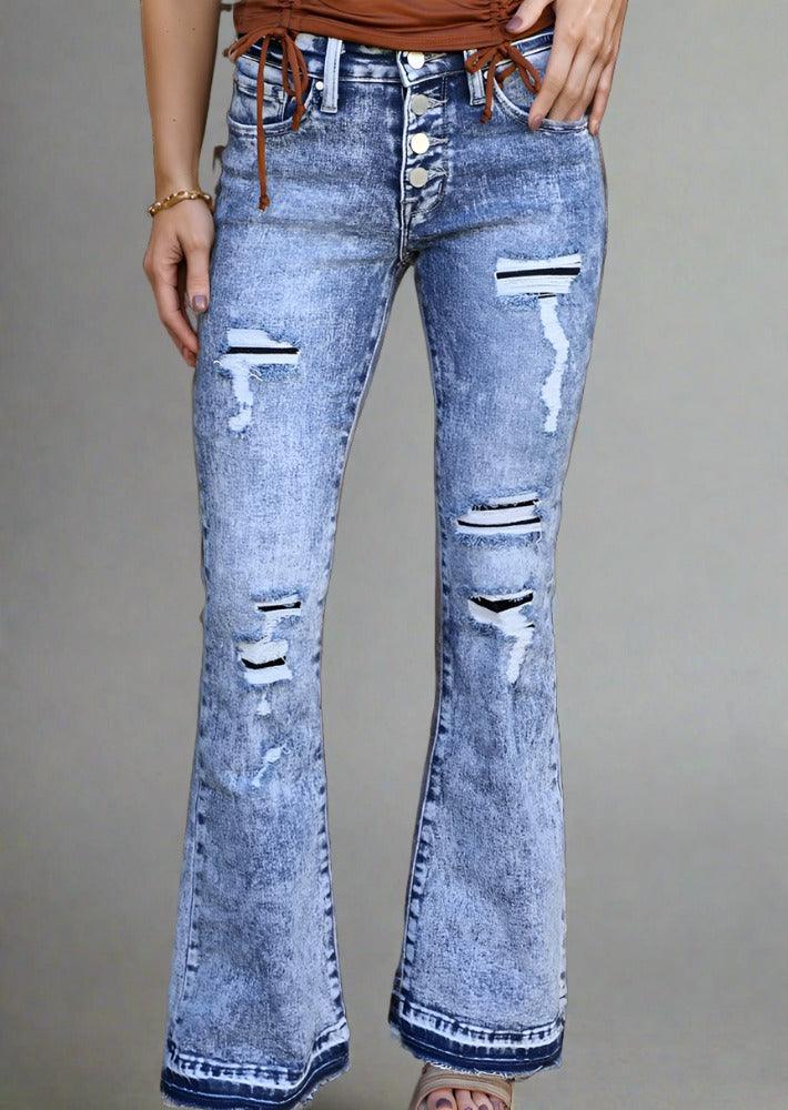 Distressed Button-Fly Bootcut Jeans with Pockets - Trendociti