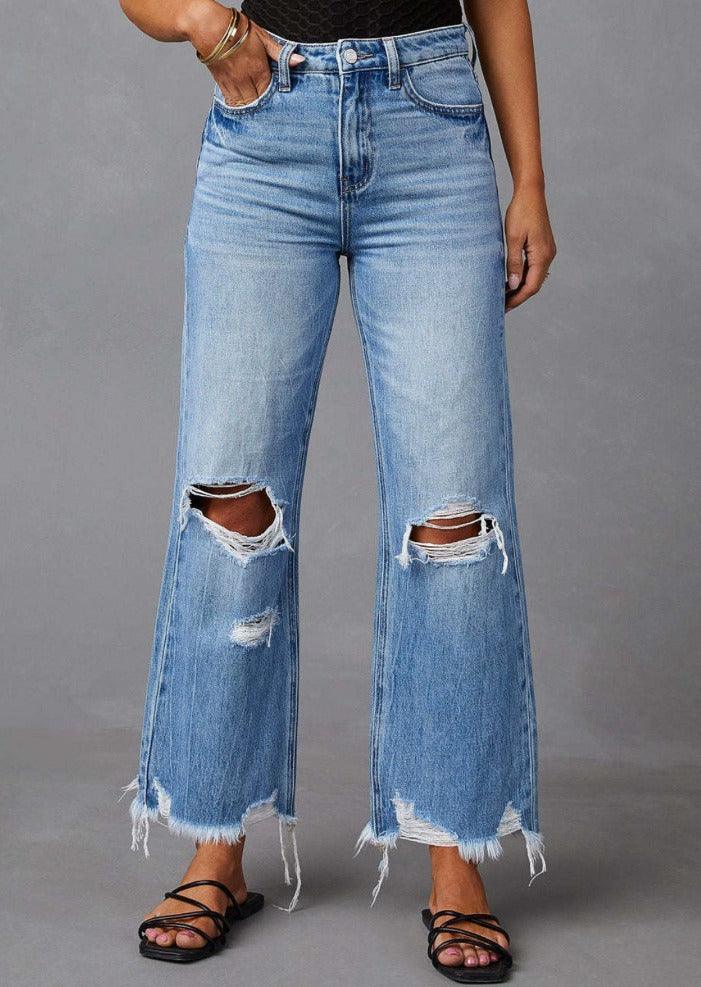 Distressed Raw Hem Jeans with Pockets - Trendociti