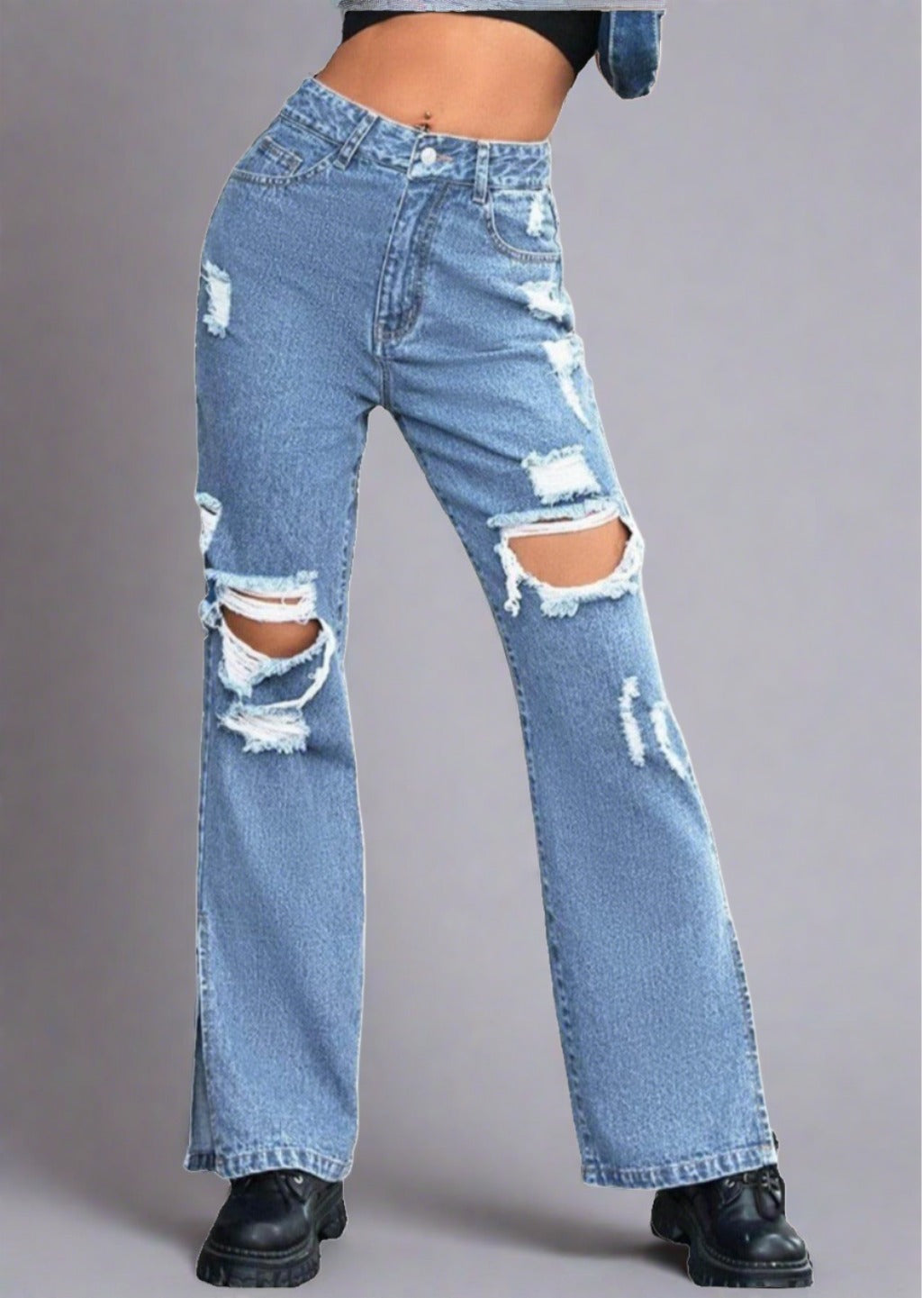 Distressed Slit Denim Blue Jeans - Trendociti
