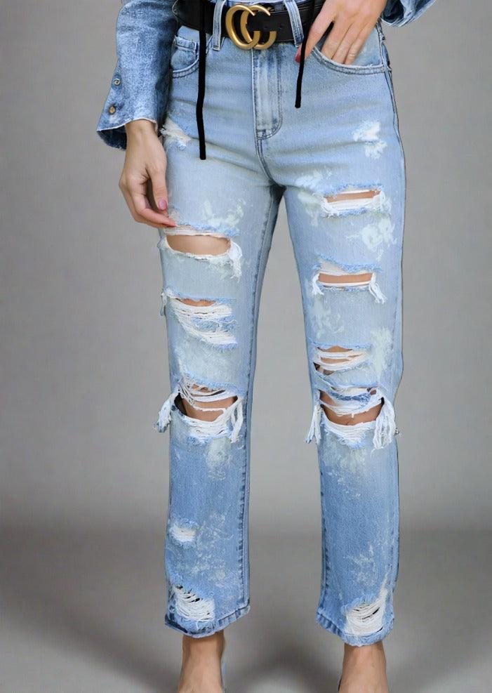 Distressed Straight Jeans with Pockets - Trendociti