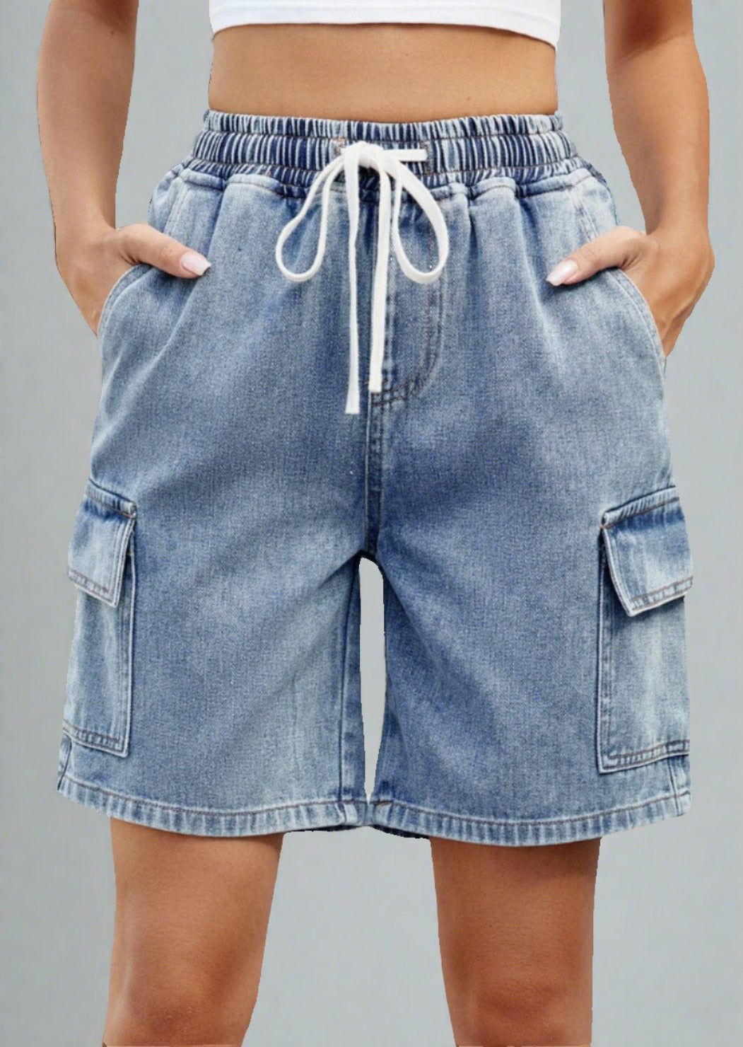 Drawstring Denim Shorts with Pockets - Trendociti
