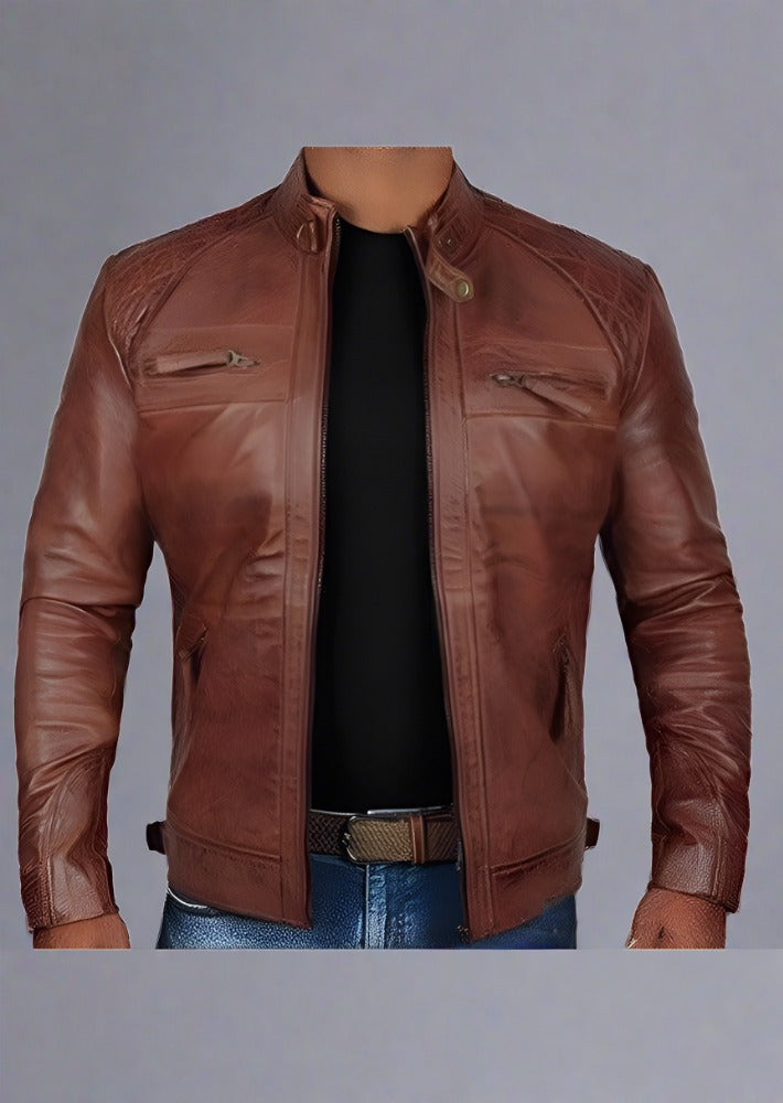 Fashion Leather Stand Up Collar Jacket - Trendociti
