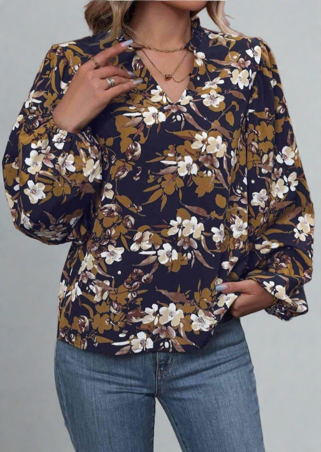 Floral Notched Balloon Sleeve Blouse - Trendociti