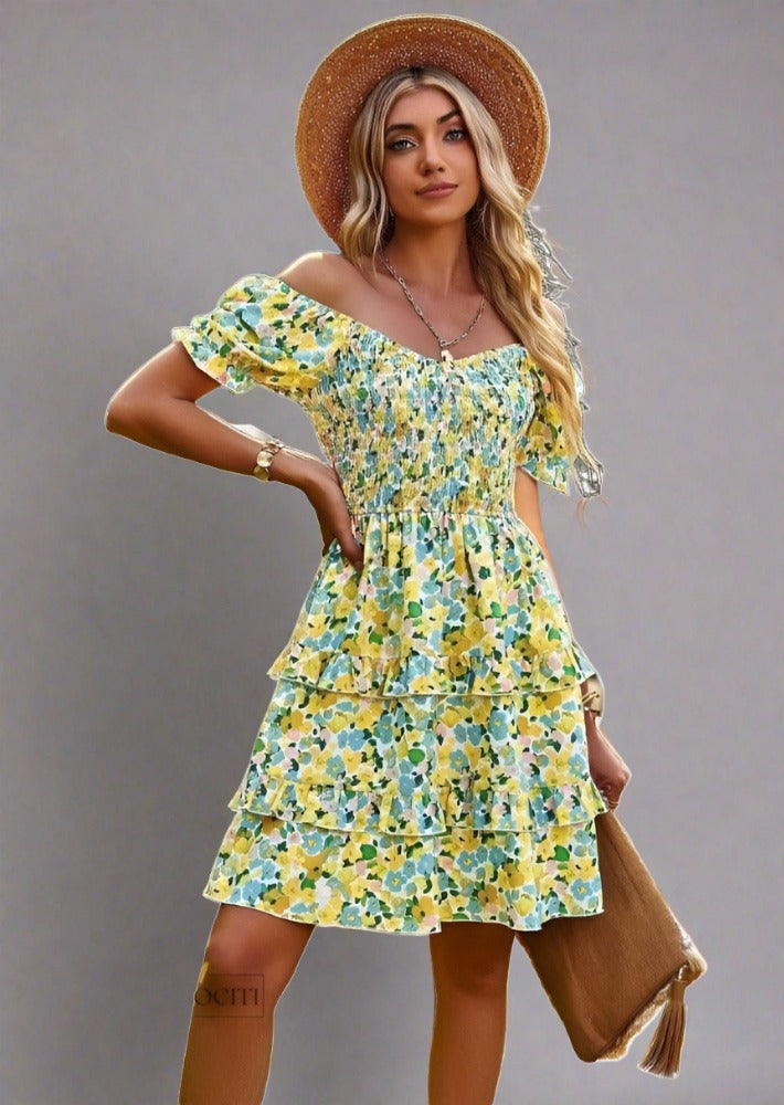 Floral Summer Short Sleeve Off Shoulder Mini Dress - Trendociti