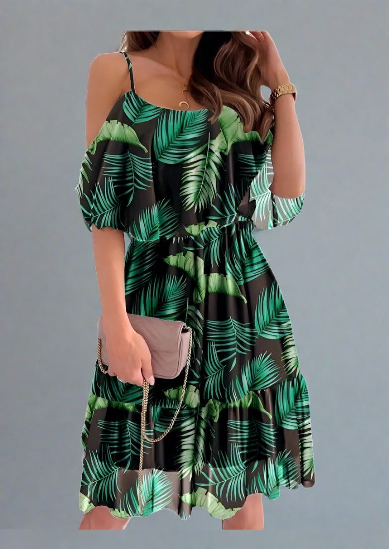 Flower Printed Shoulder Strap Summer Dress - Trendociti