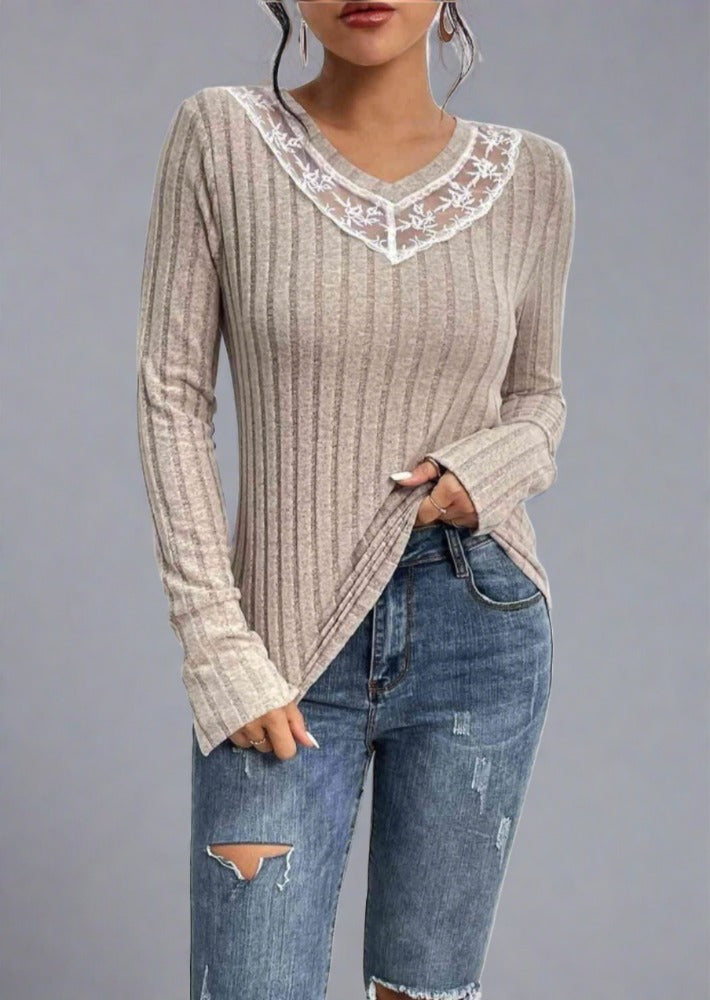 Lace Detail Ribbed V-Neck Long Sleeve Top - Trendociti