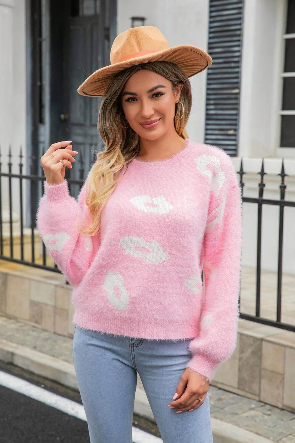 Lip Print Long Sleeve Fuzzy Sweater - Trendociti