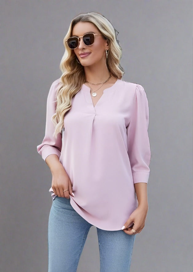 Notched Puff Sleeve Blouse - Trendociti