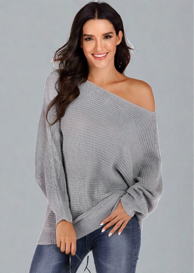 One Shoulder Dolman Sleeve Sweater - Trendociti