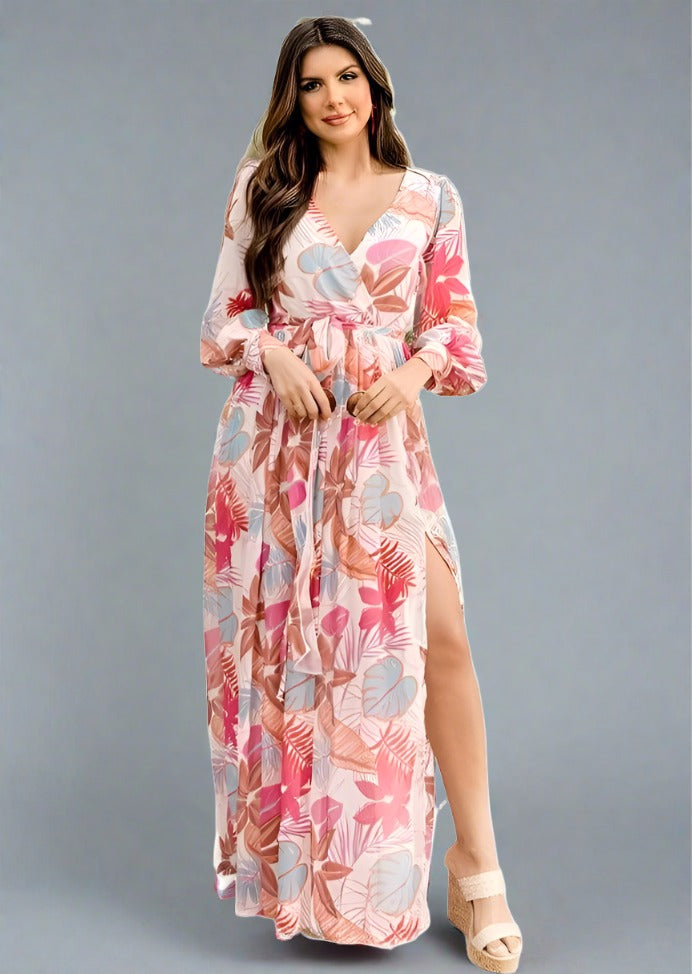 Plus Size V-Neck Printed Slit Dress - Trendociti