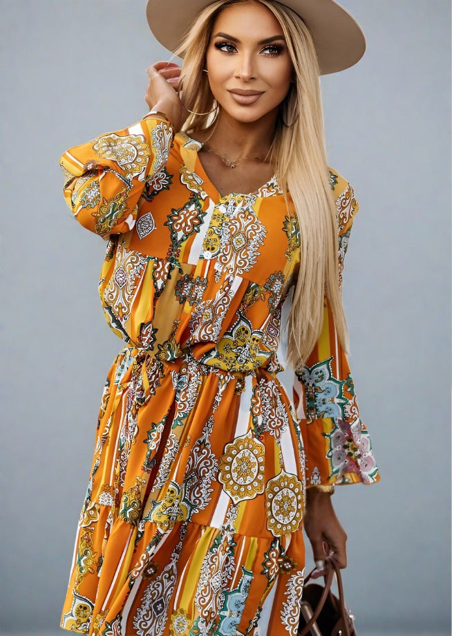 Printed Notched Neck Flounce Sleeve Dress - Trendociti