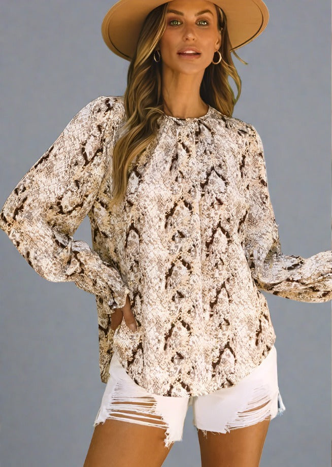 Printed Round Neck Long Sleeve Blouse - Trendociti