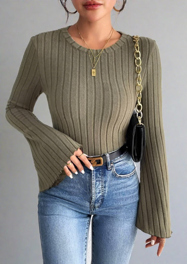 Ribbed Round Neck Flare Sleeve Top - Trendociti
