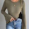 Ribbed Round Neck Flare Sleeve Top - Trendociti