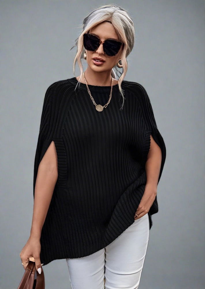 Ribbed Round Neck Slit Sleeve Knit Top - Trendociti