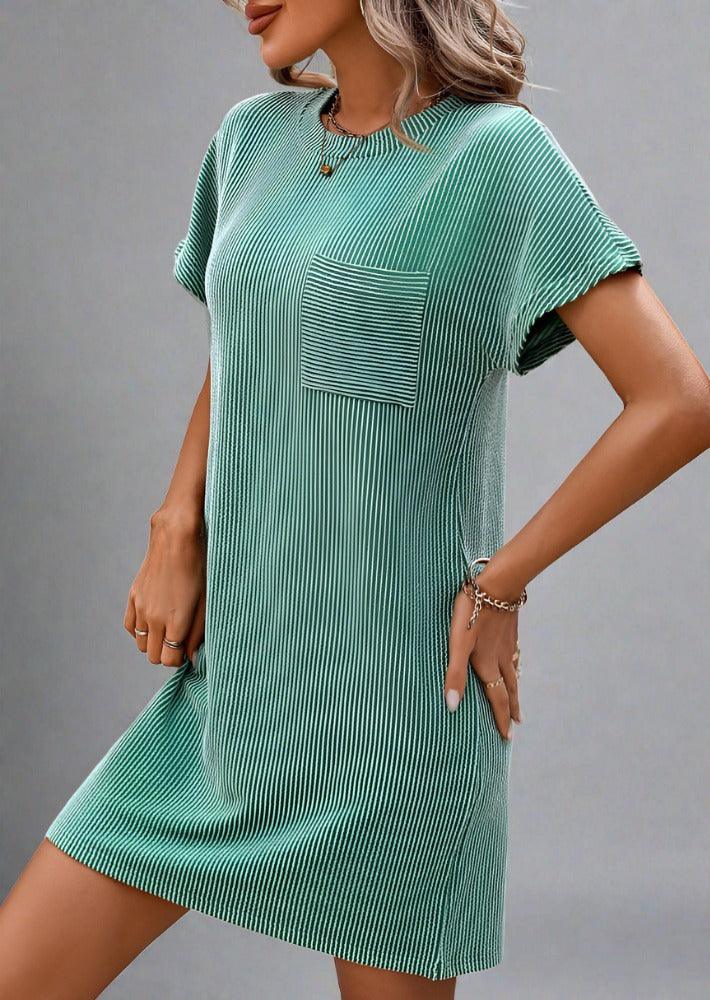 Ribbed Striped Short Sleeve Mini Tee Dress - Trendociti