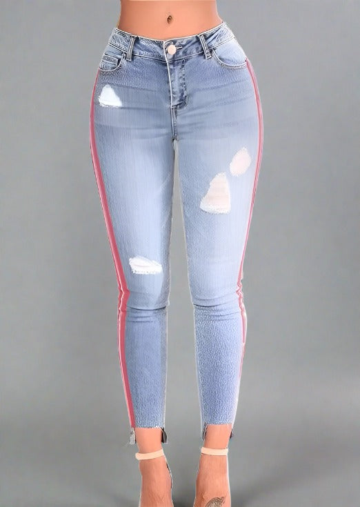 Ribbon Stripe High Waist Denim Jeans - Trendociti