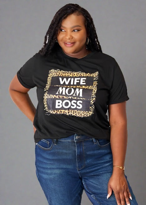 Simply Love WIFE MOM BOSS Leopard Graphic T-Shirt - Trendociti