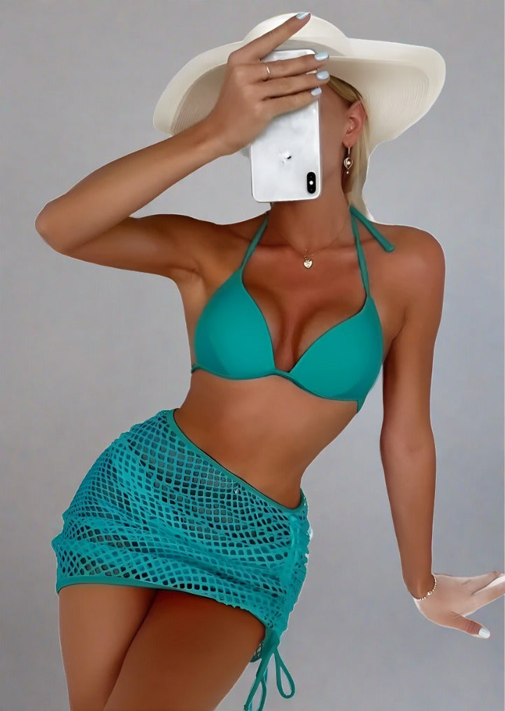 Solid Color Three-piece Mesh Swimsuit - Trendociti