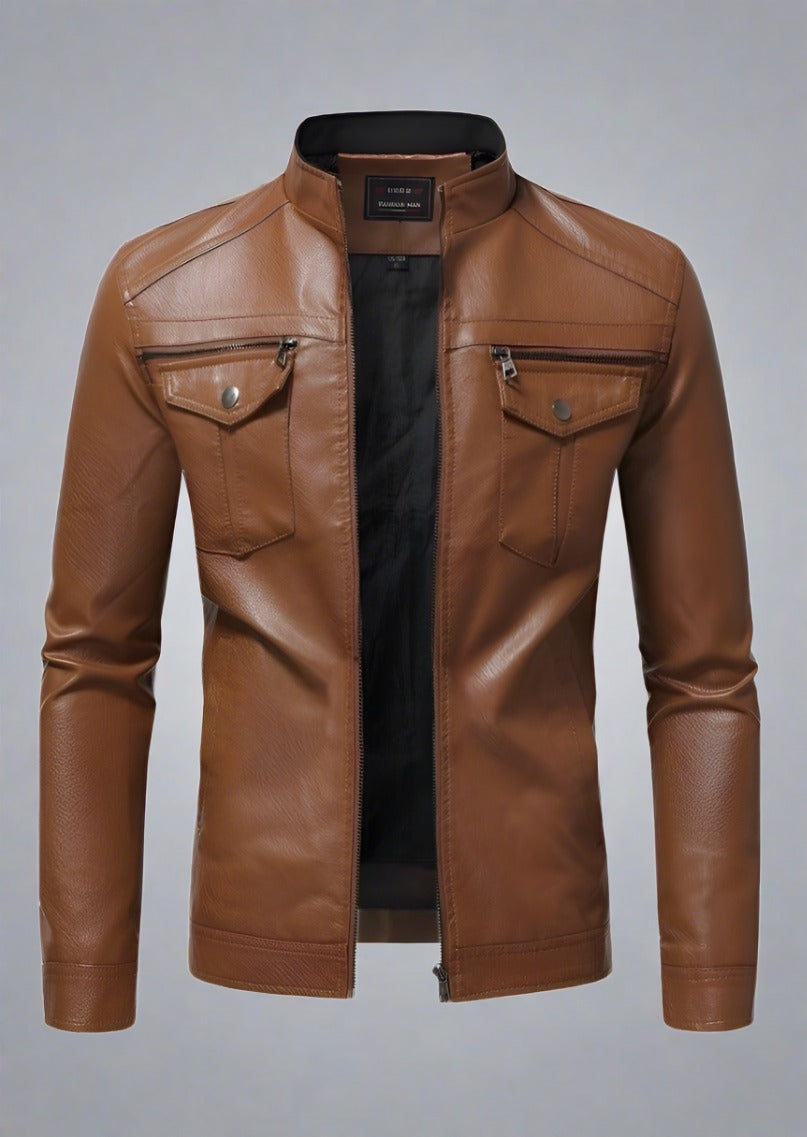 Stand Up Collar Zipper Leather Jacket - Trendociti