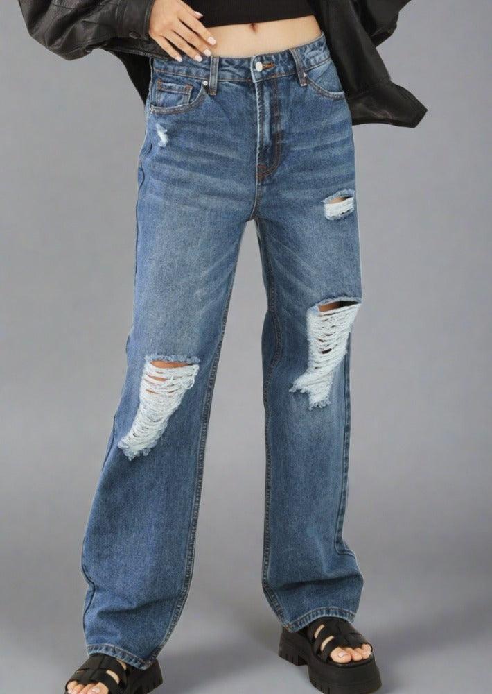 Straight Cut Distressed High Waist Jeans - Trendociti