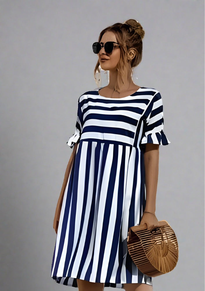 Summer Ruffled Short-Sleeved Striped Dress - Trendociti