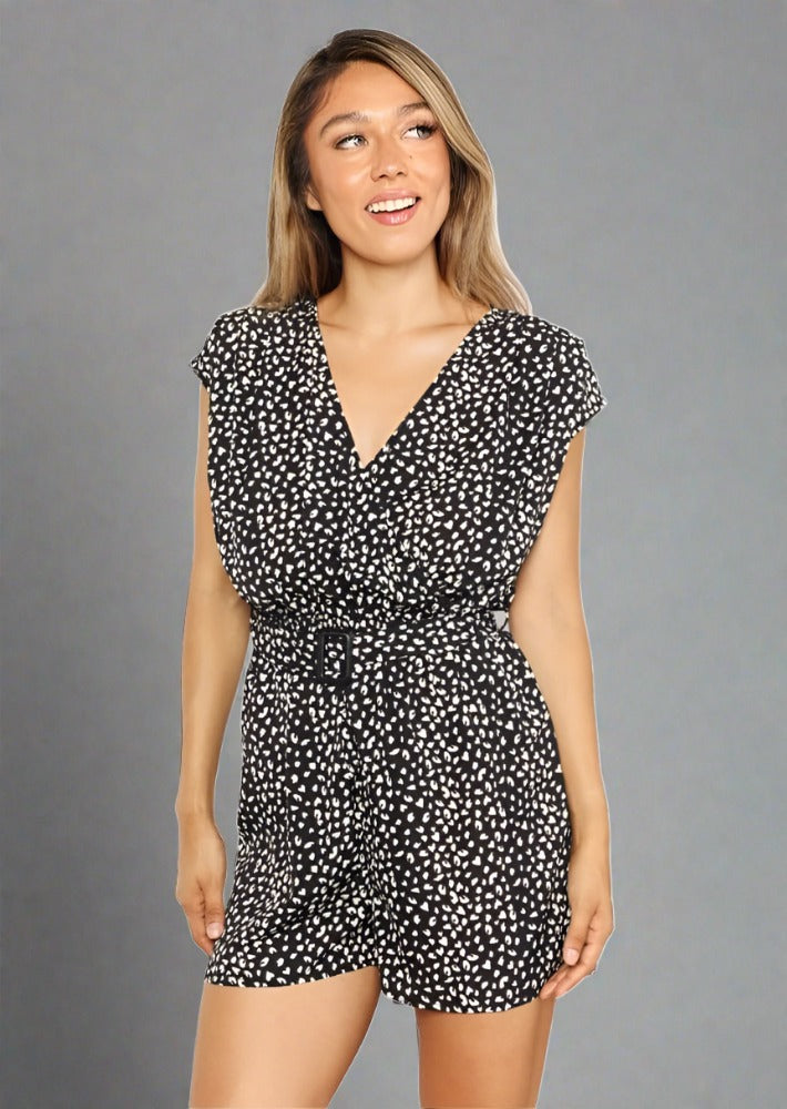 Double Take Animal Print Belted Romper - Trendociti