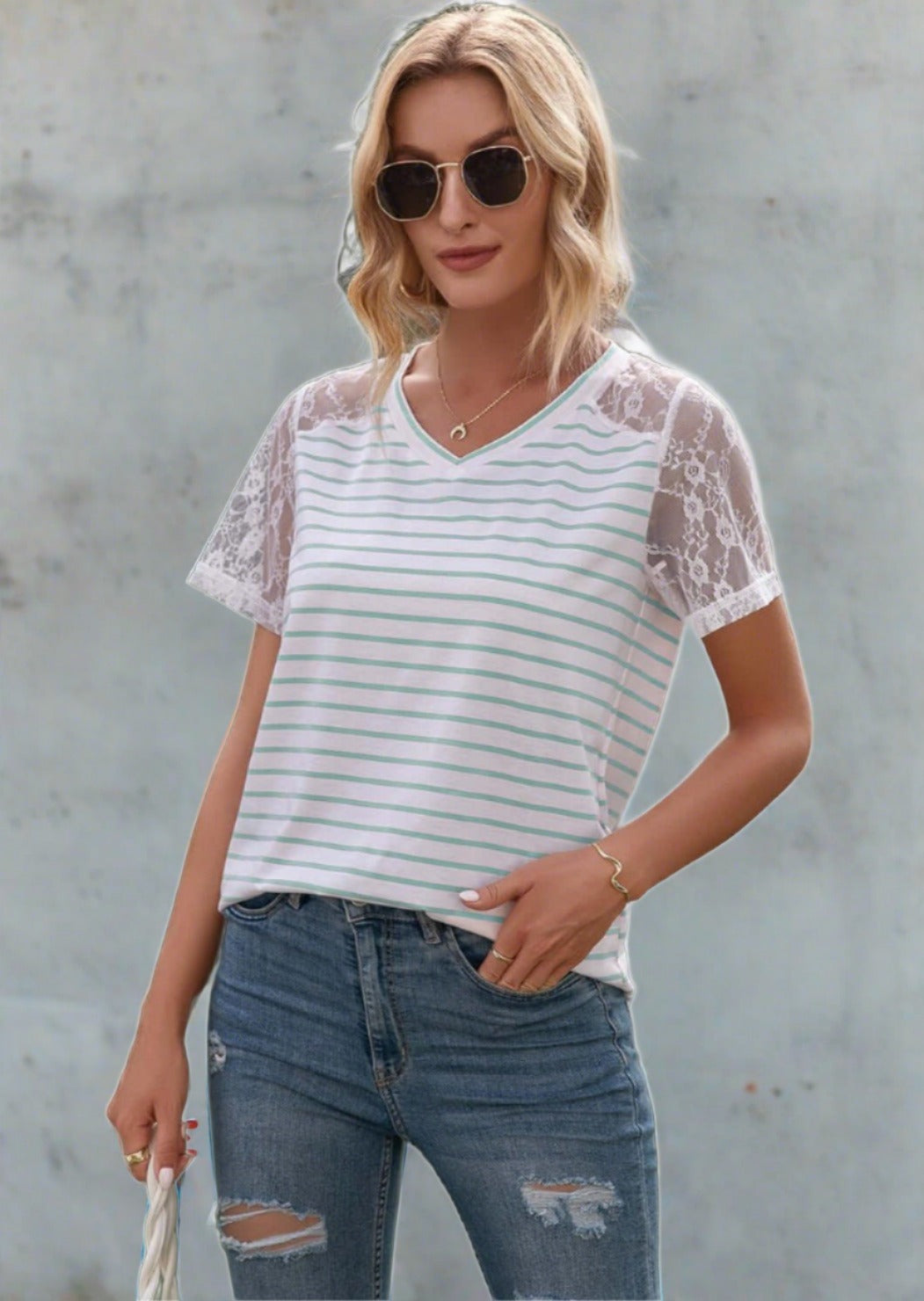 Lace Detail Striped V-Neck T-Shirt - Trendociti