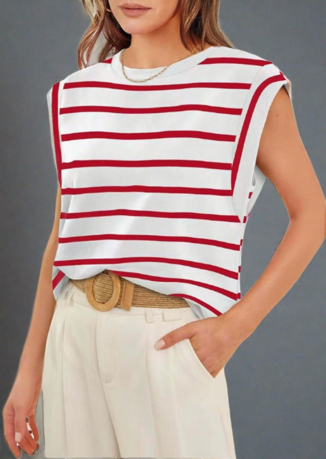 Striped Round Neck Cap Sleeve T-Shirt - Trendociti